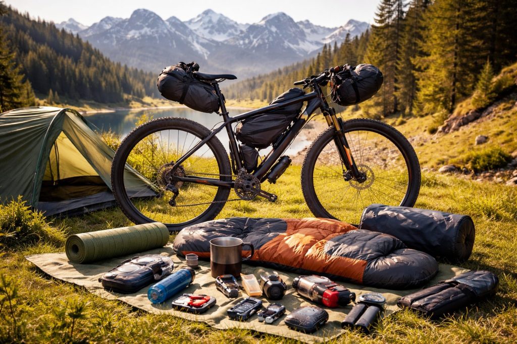 Bikepacking Ausrüstung für Anfänger mit Fahrrad, Zelt, Schlafsack und Outdoor Gear in den Bergen