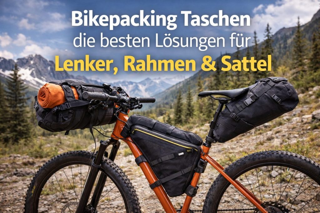 Bikepacking Taschen Übersicht mit Lenkertasche Rahmentasche und Satteltasche am Mountainbike
